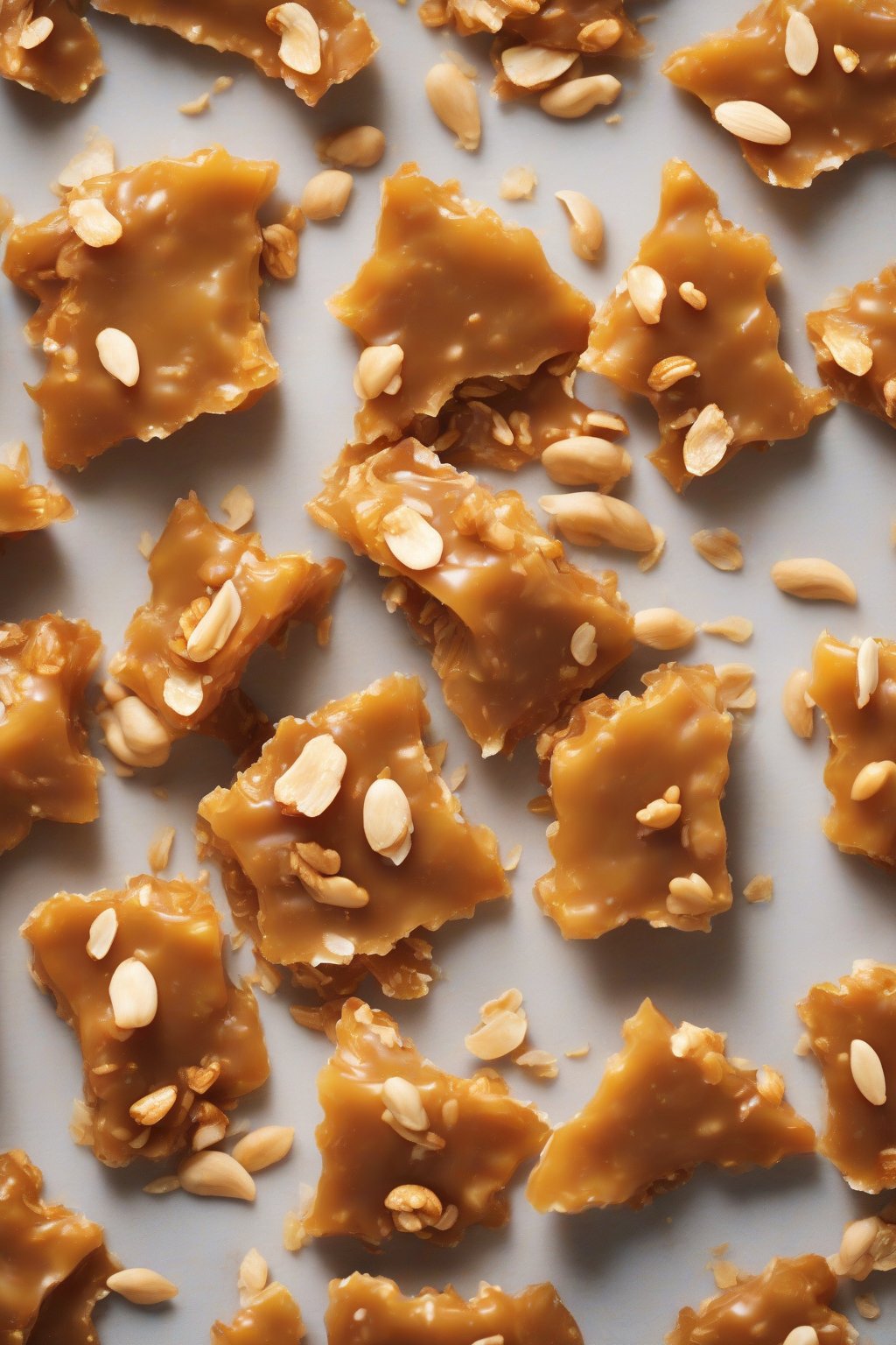 A high-resolution photo of peanut brittle embedded with golden toasted coconut flakes, under soft lighting.