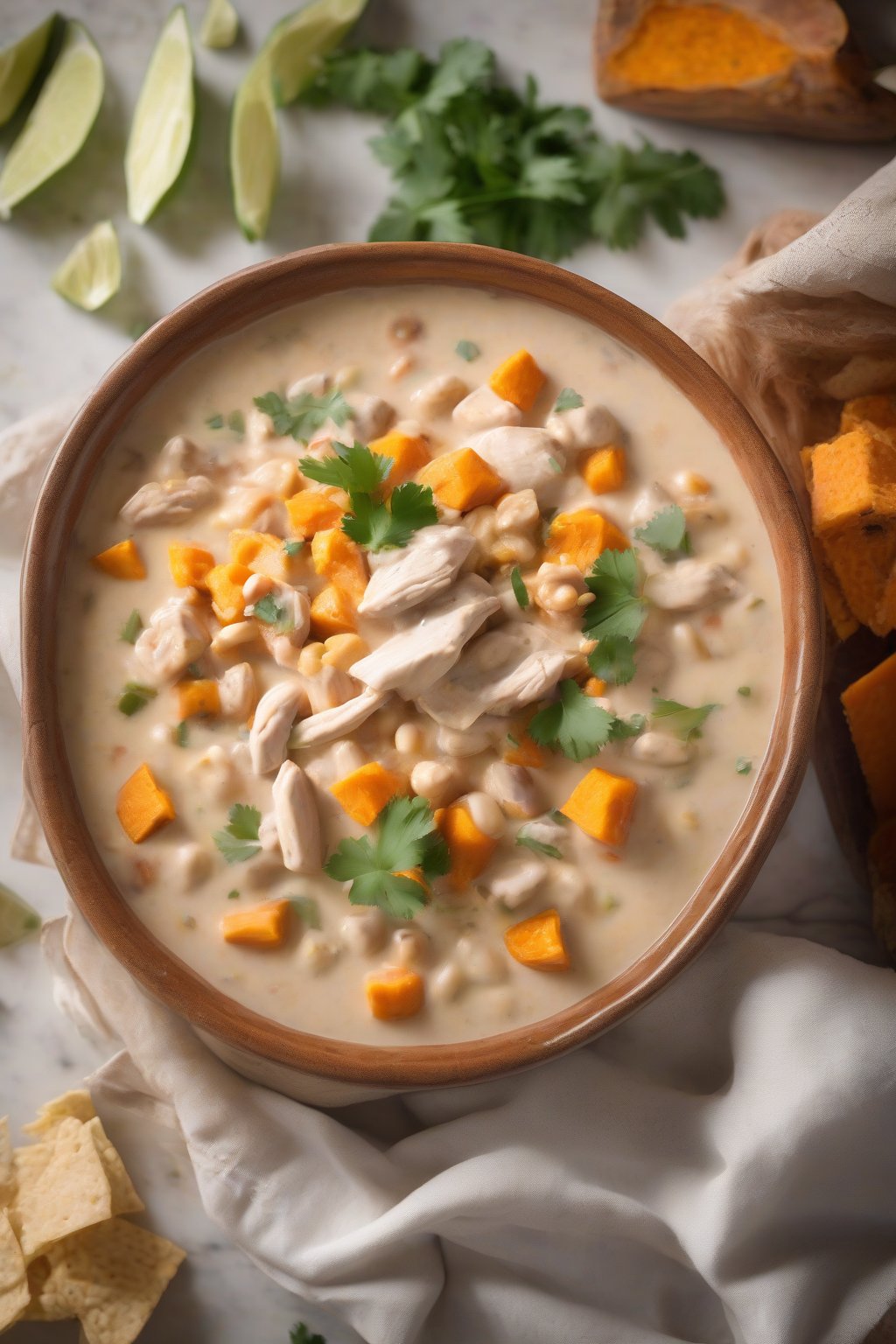 A high-resolution photo of creamy white chicken chili featuring chunks of sweet potato in a creamy base, under soft lighting.