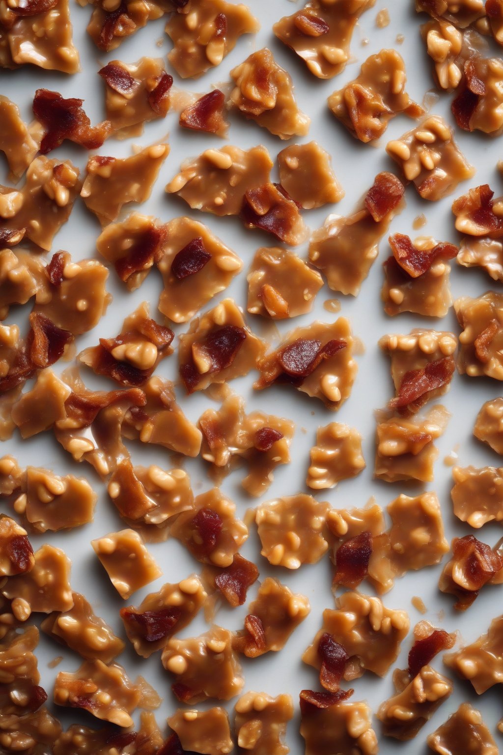 A high-resolution photo of smoky bacon-flecked peanut brittle pieces with caramel shine, under soft lighting.