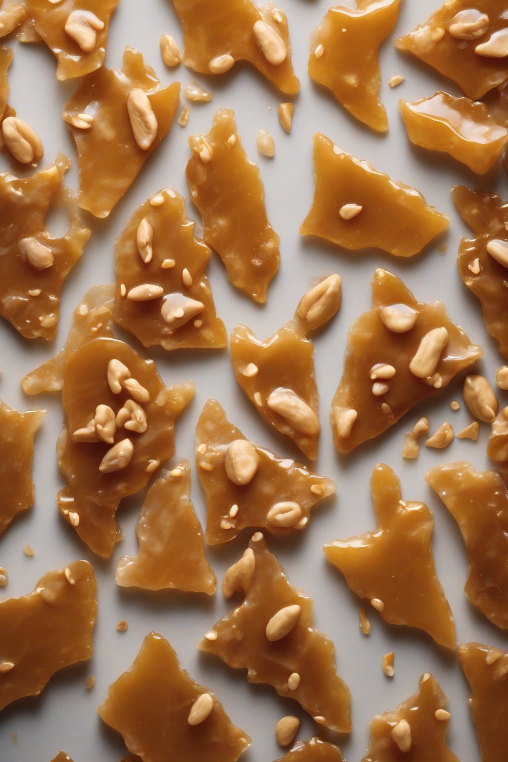 A high-resolution photo of honey-glazed peanut brittle shards glistening with nutty texture, under soft lighting.