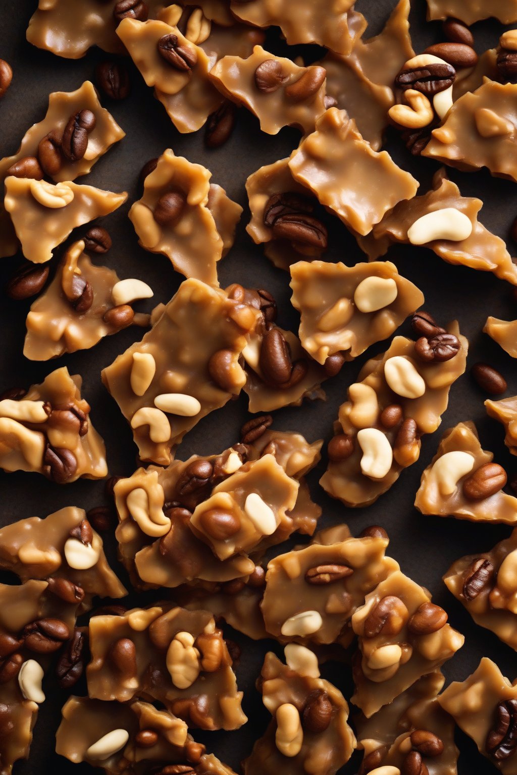 A high-resolution photo of dark coffee-tinted peanut brittle pieces with roasted peanuts, under soft lighting.
