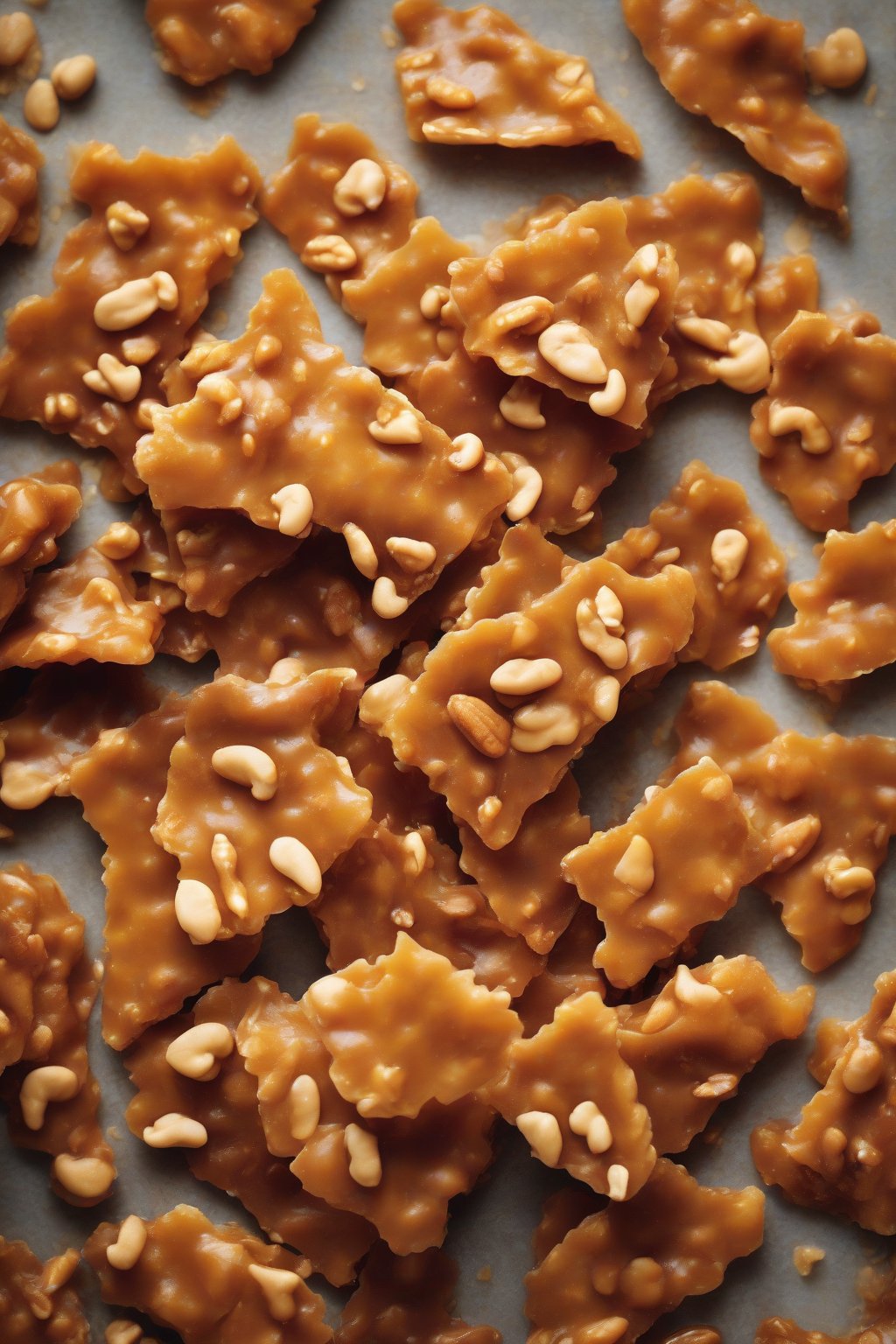A high-resolution photo of warmly spiced orange-flecked peanut brittle, under soft lighting.