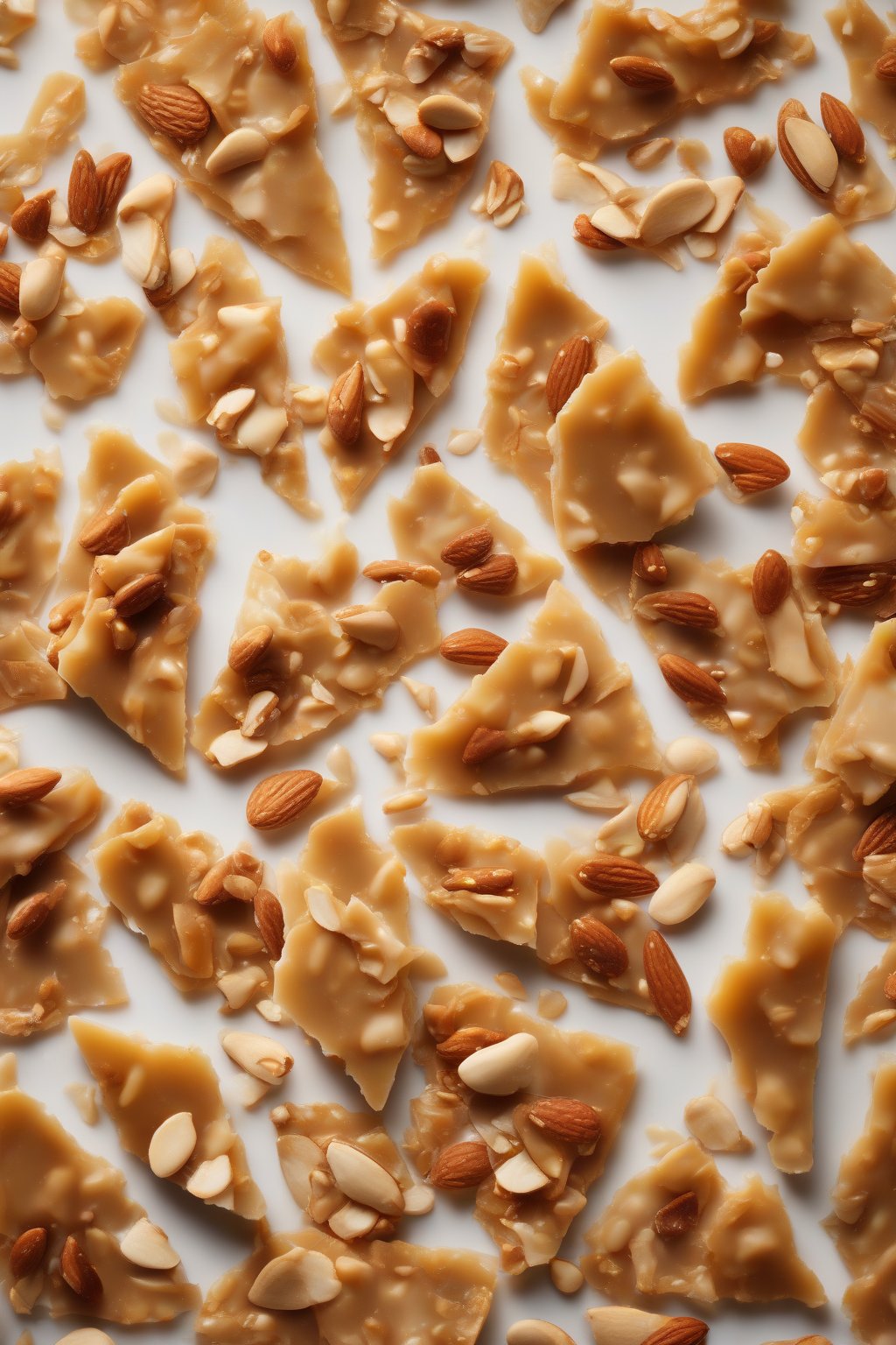 A high-resolution photo of mixed almond-peanut brittle shards showing dual nut textures, under soft lighting.