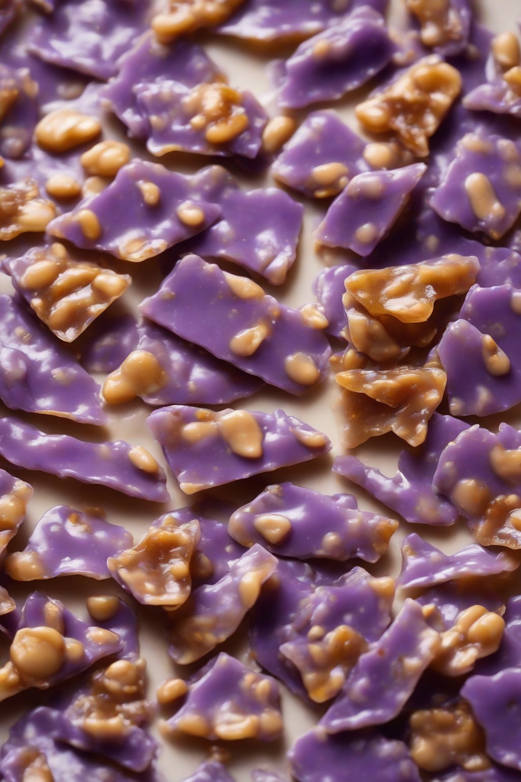 A high-resolution photo of purple-flecked lavender peanut brittle with honey sheen, under soft lighting.