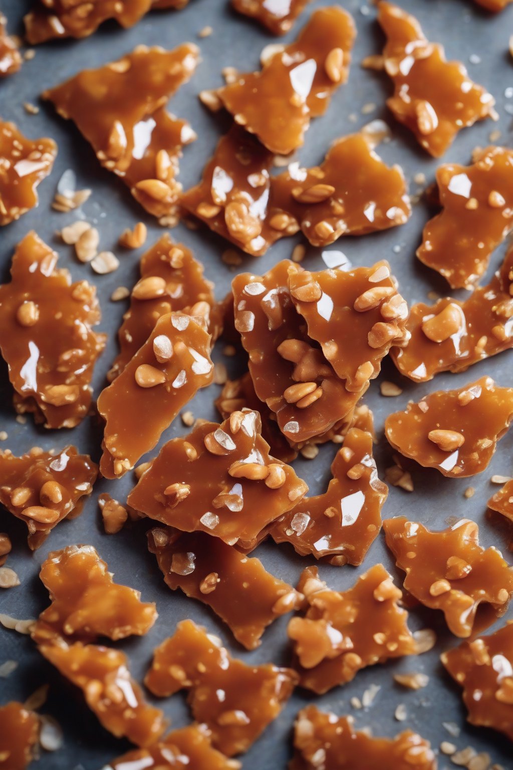 A high-resolution photo of glossy sriracha peanut brittle with salty crystals, under soft lighting.