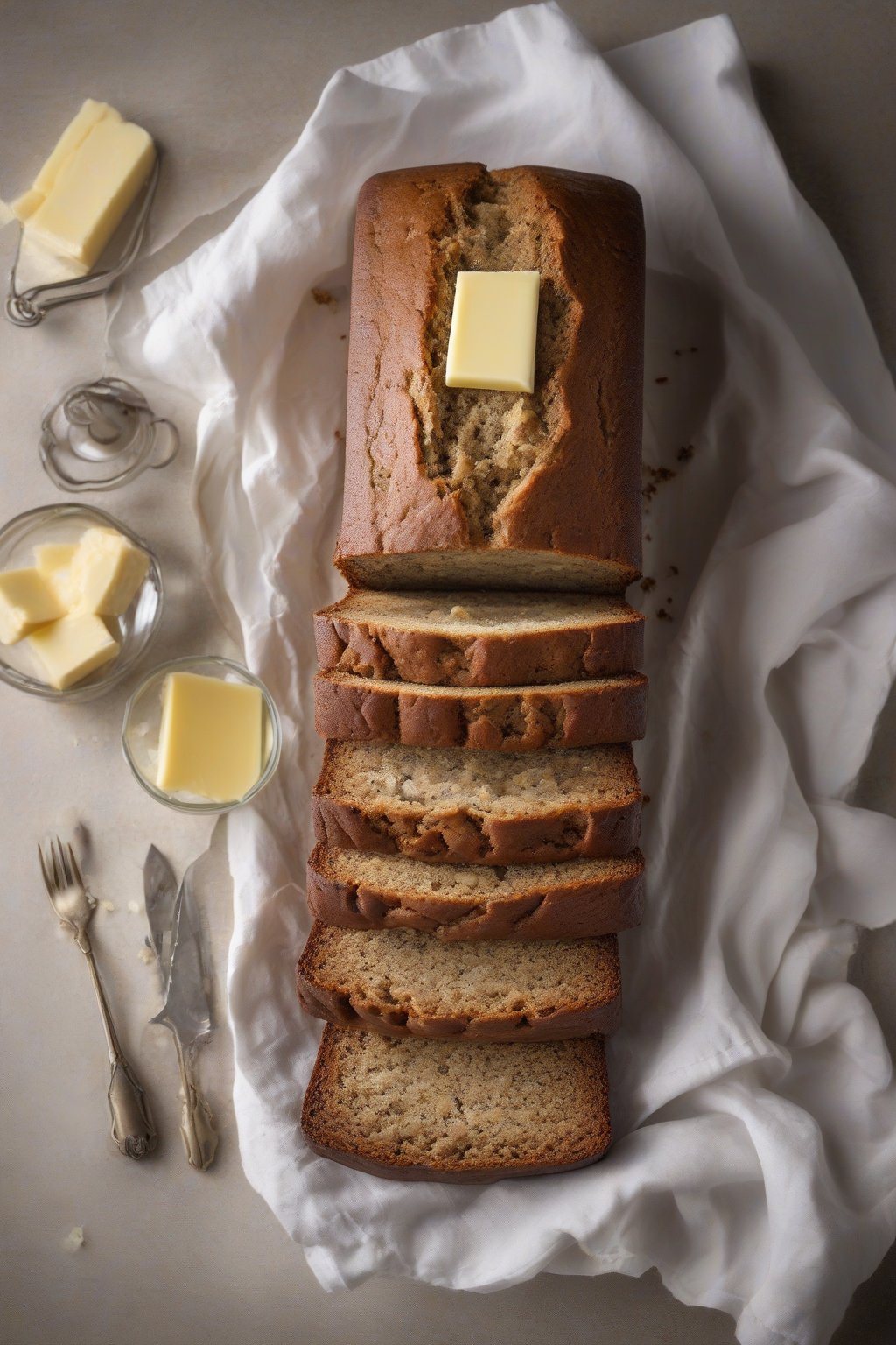 A high-resolution photo of a sliced loaf of classic banana bread revealing its moist interior, topped with a pat of butter, under soft lighting.