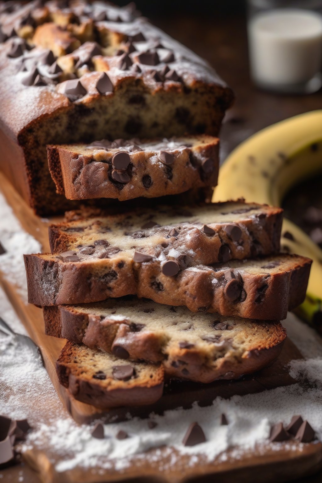 A high-resolution photo of chocolate chip banana bread loaf with gooey chips oozing out, dusted with powdered sugar, under soft lighting.