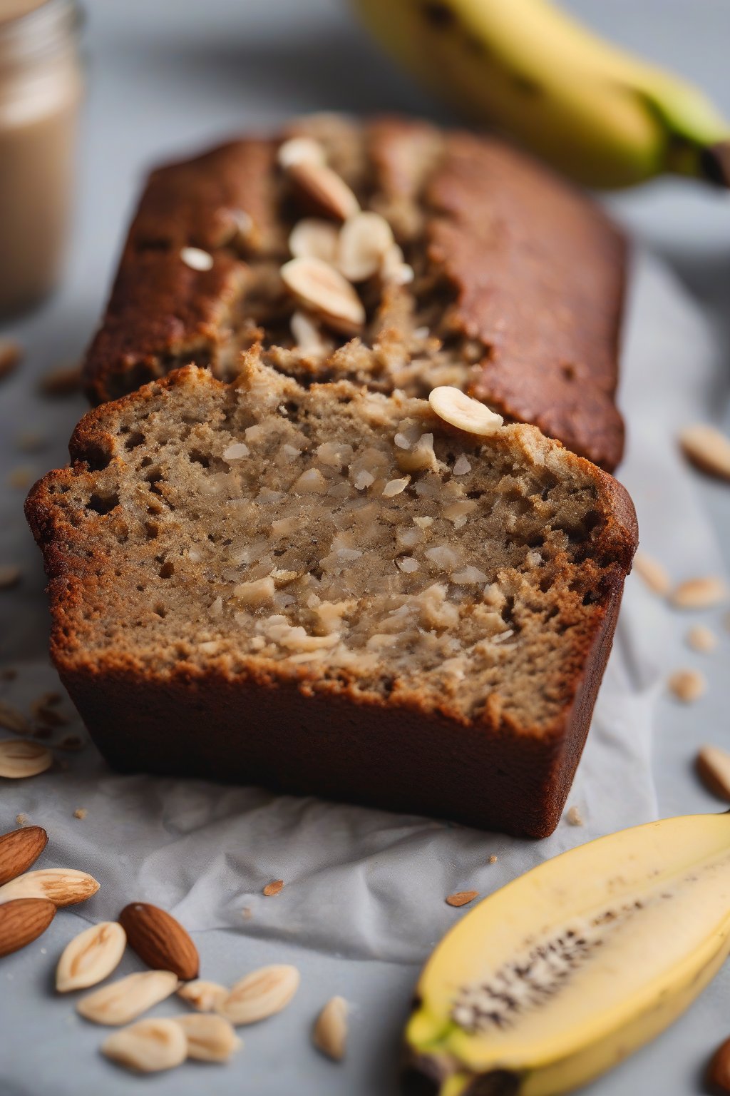 A high-resolution photo of a golden vegan banana bread slice with visible banana flecks, served with almond butter, under soft lighting.