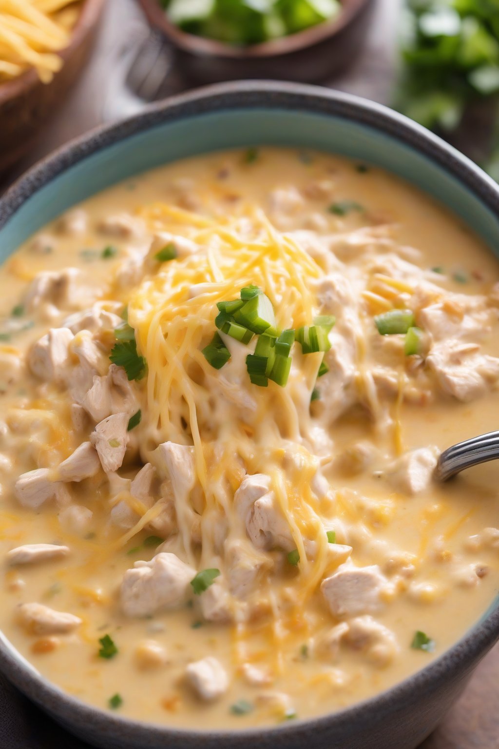 A high-resolution photo of cheesy creamy white chicken chili with melted cheese strings, under soft lighting.