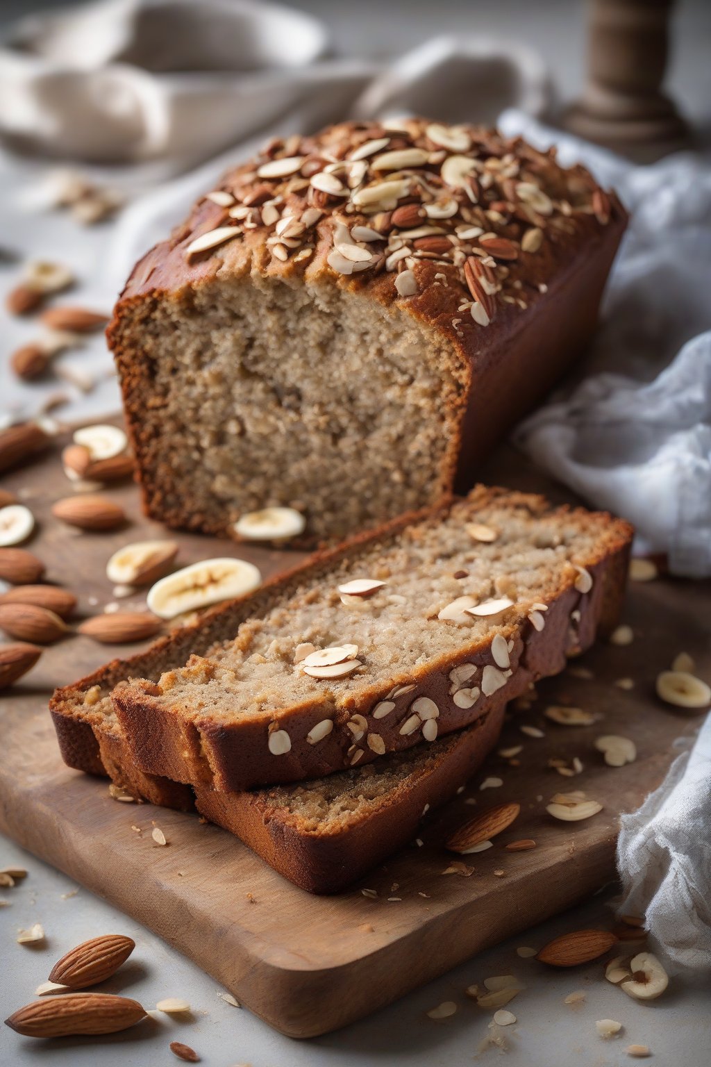 A high-resolution photo of gluten-free banana bread loaf with a rustic crumb, garnished with sliced almonds, under soft lighting.