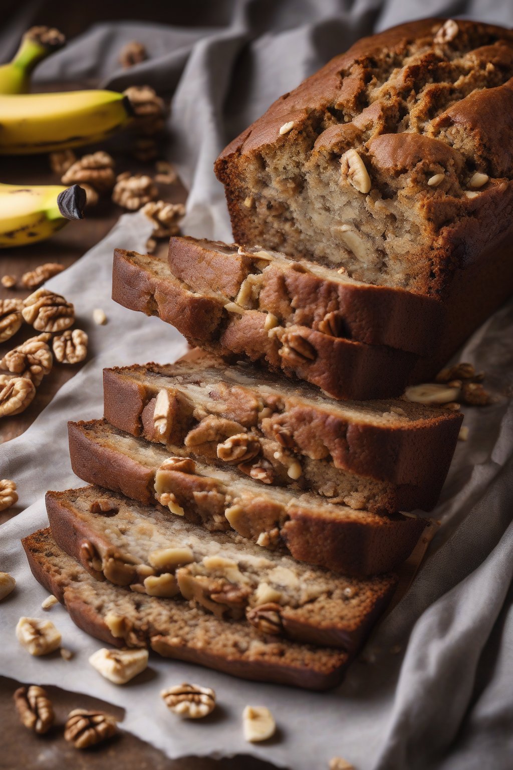 A high-resolution photo of banana nut bread with walnut chunks throughout, a slice showing the dense texture, under soft lighting.