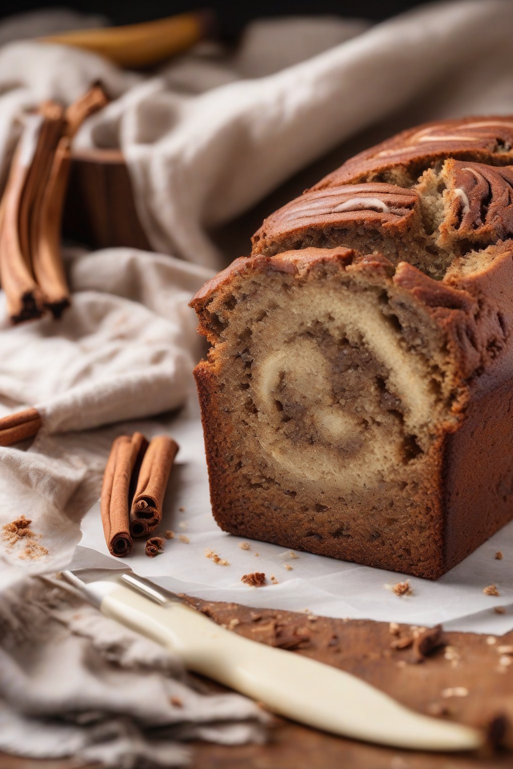 A high-resolution photo of cinnamon swirl banana bread with visible spirals in a cross-section slice, under soft lighting.