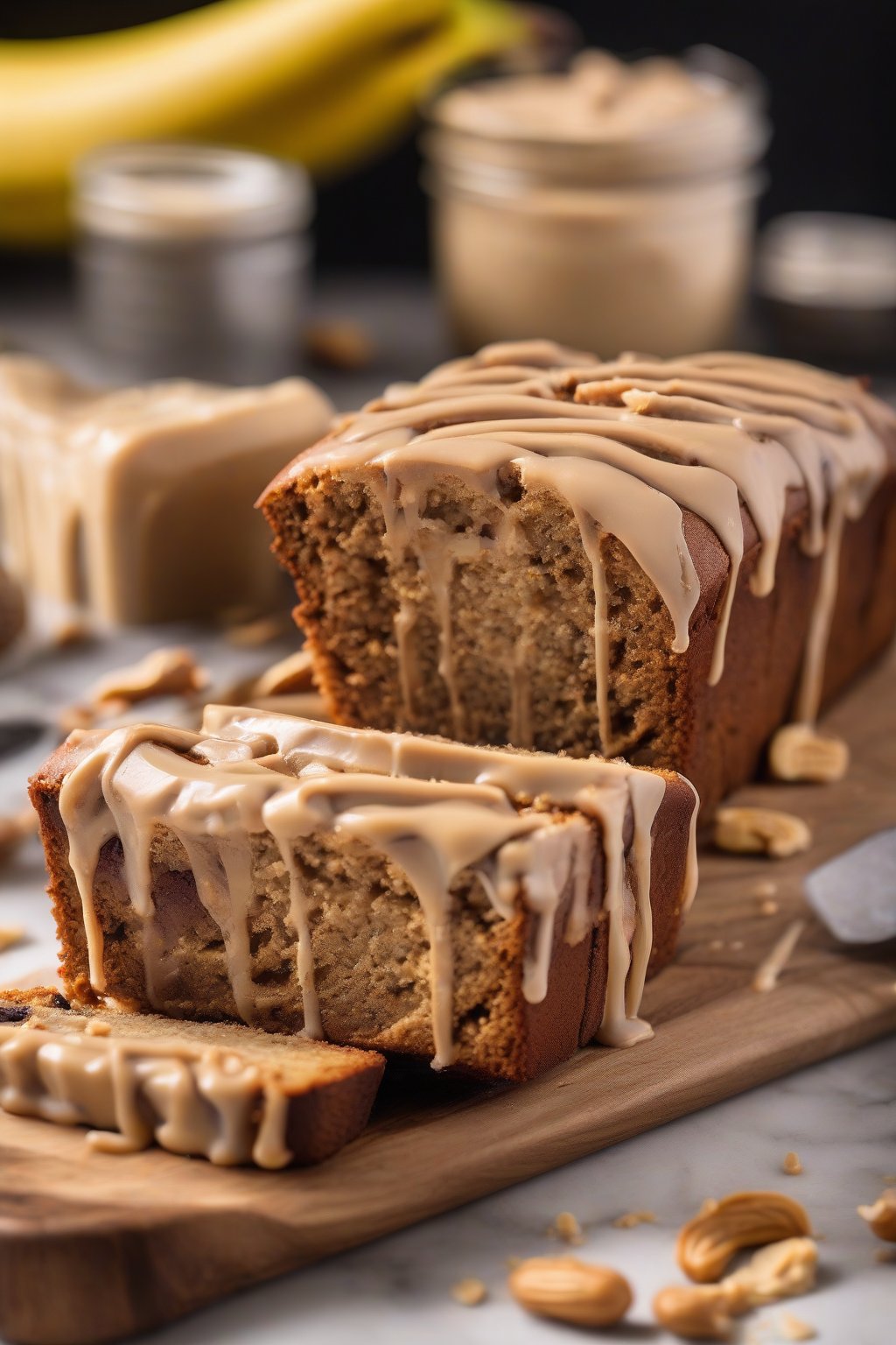 A high-resolution photo of peanut butter banana bread slice with creamy swirls, topped with a PB drizzle, under soft lighting.