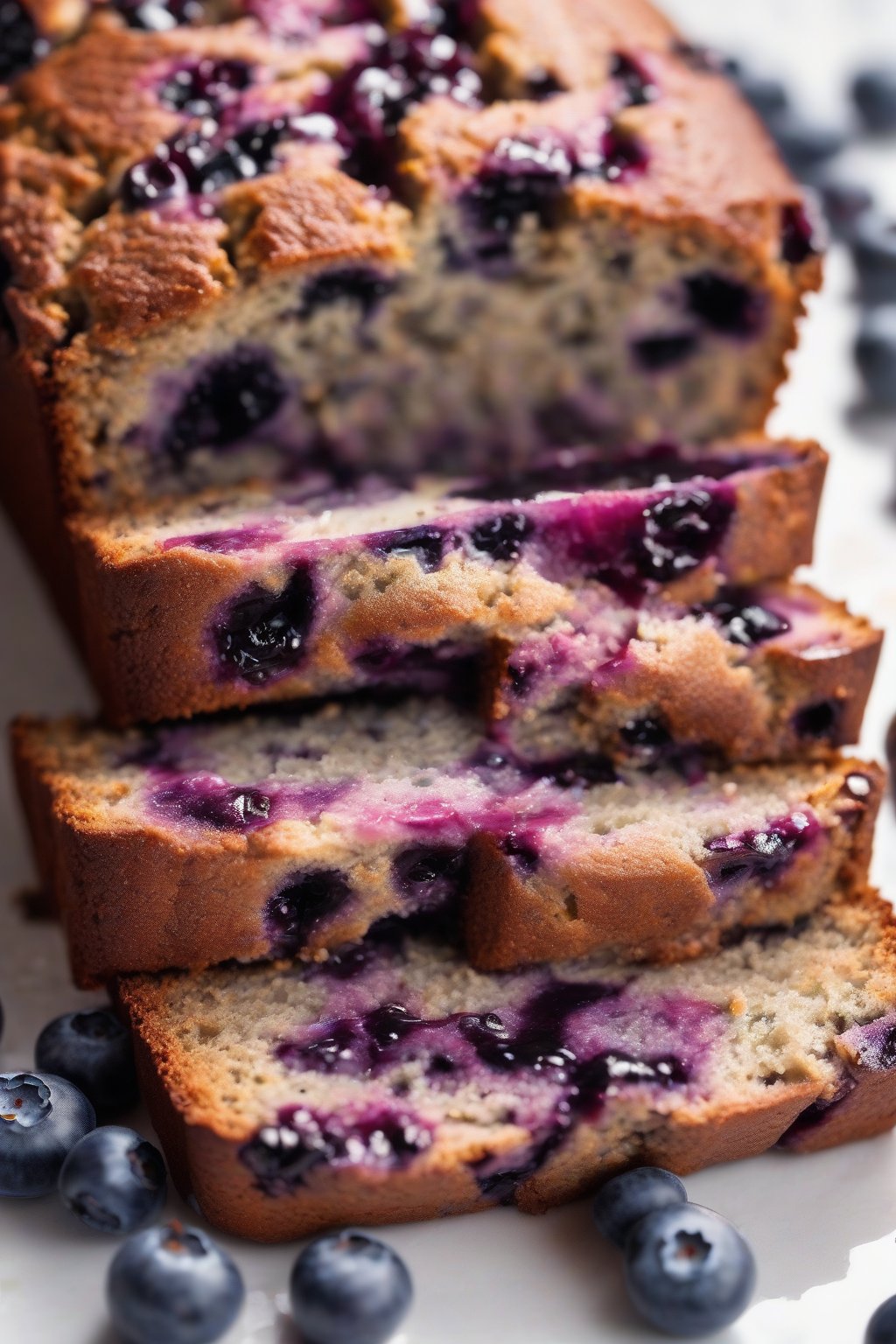 A high-resolution photo of blueberry banana bread studded with purple berries, a slice revealing juicy centers, under soft lighting.