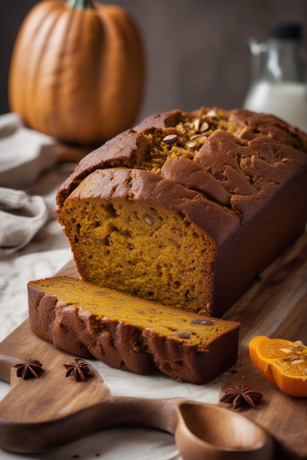 A high-resolution photo of pumpkin banana bread loaf with orange hue and spices, sliced warmly, under soft lighting.