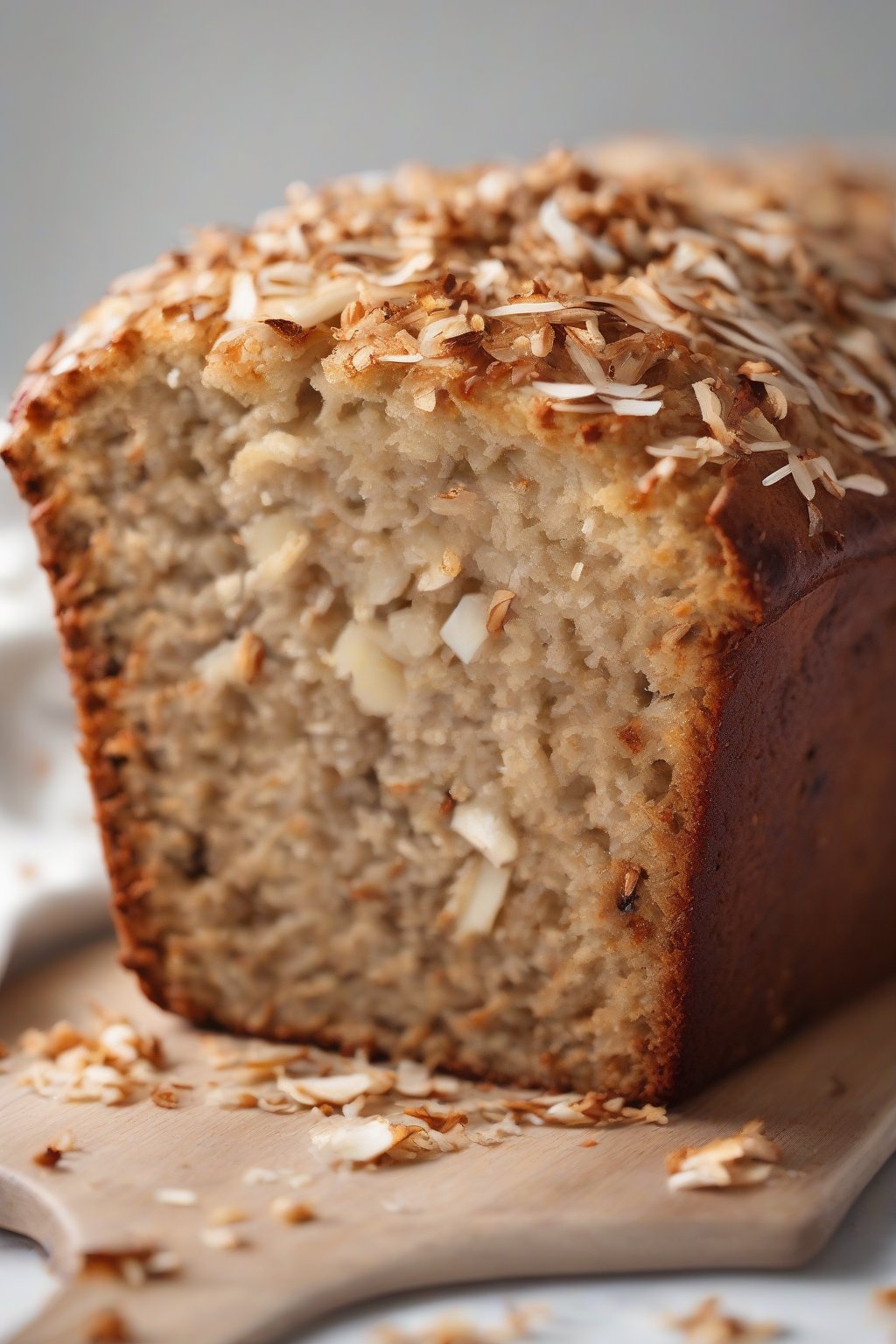 A high-resolution photo of coconut banana bread with toasted flakes on top, moist crumb visible, under soft lighting.