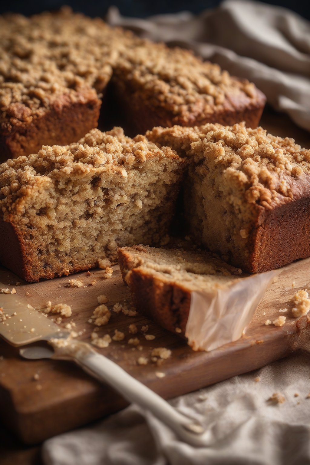 A high-resolution photo of streusel-topped banana bread with crumbly golden topping, fresh from the oven, under soft lighting.
