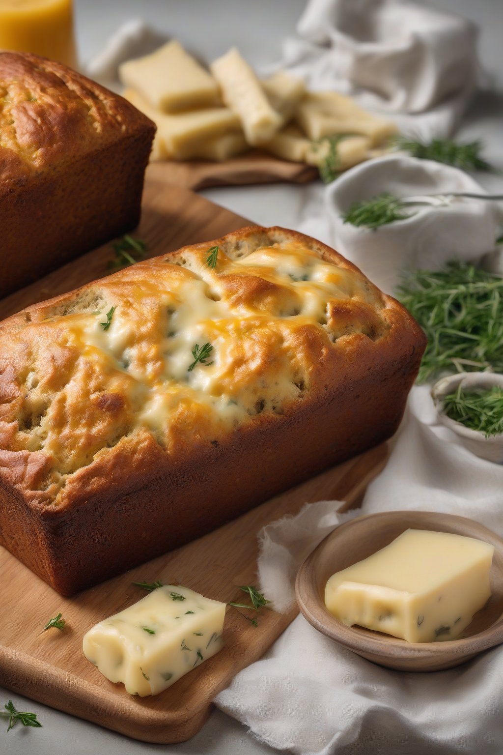 A high-resolution photo of savory cheese banana bread with melted cheddar pockets, herb garnish, under soft lighting.