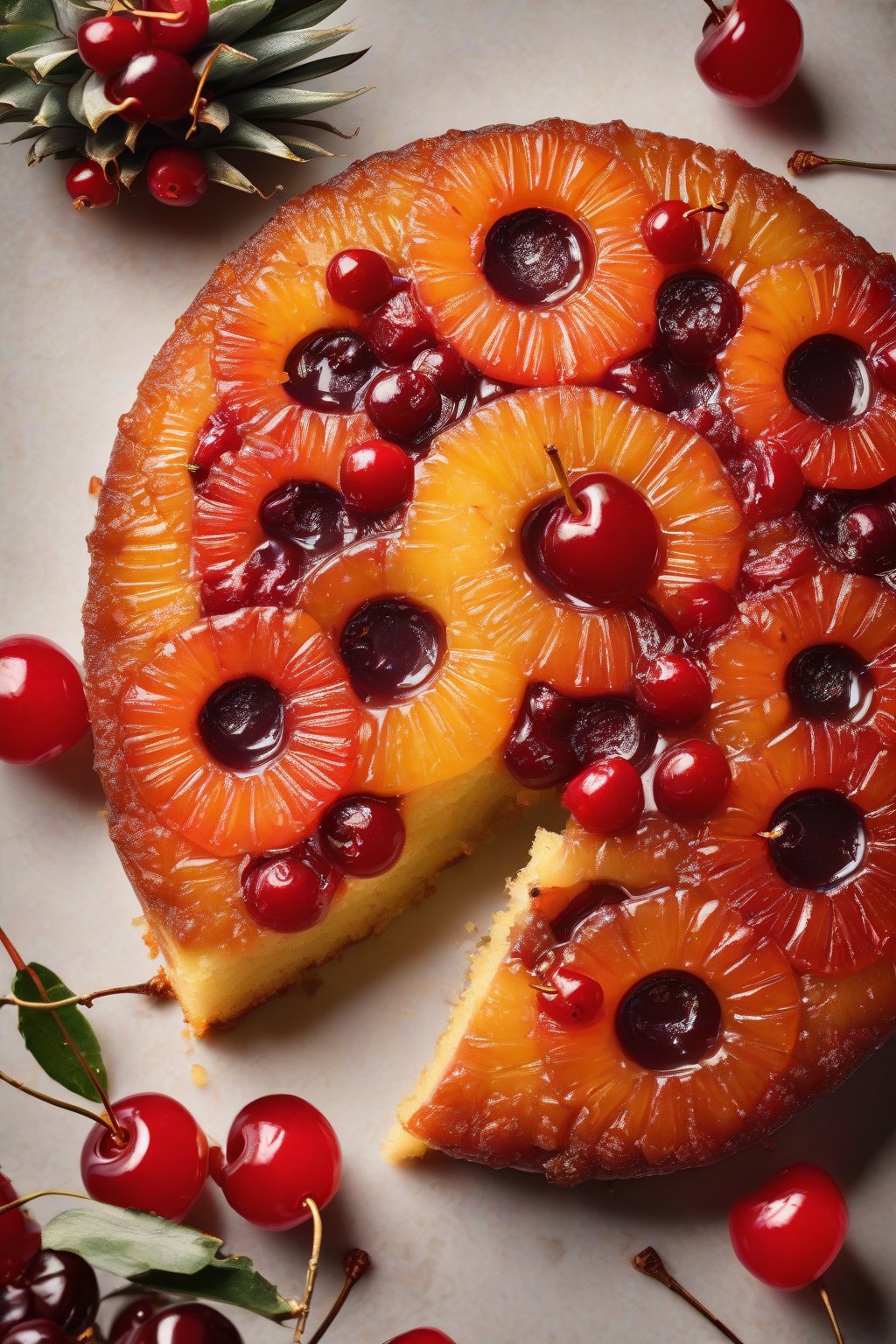 A high-resolution photo of a classic pineapple upside-down cake with glistening rings and cherries under soft lighting.