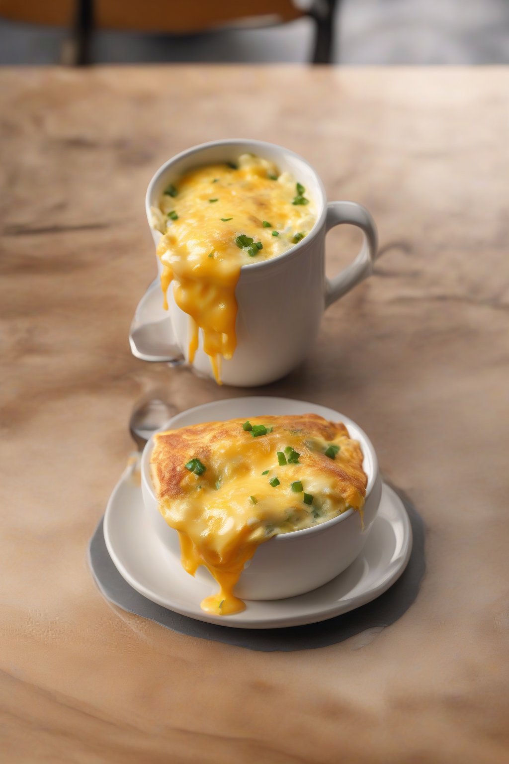 A high-resolution photo of a fluffy mug omelette with melted cheese under soft lighting.