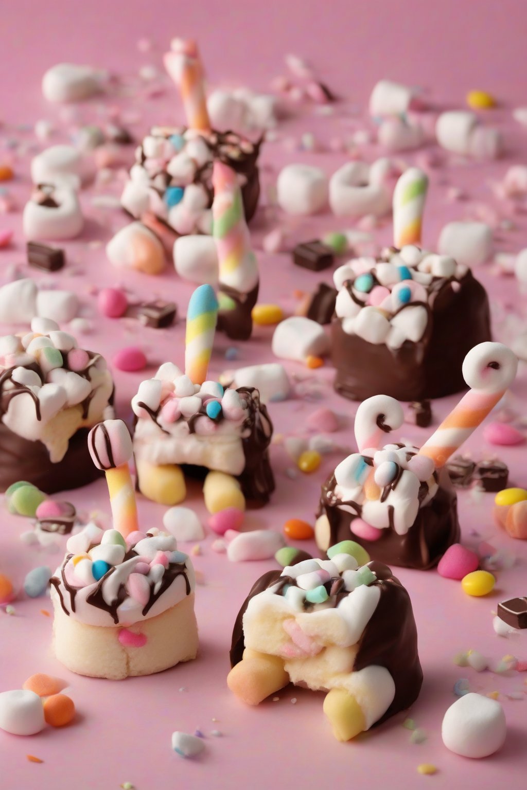 A high-resolution photo of marshmallow Cinamoroll treats with chocolate-dipped ears and candy faces under soft lighting.
