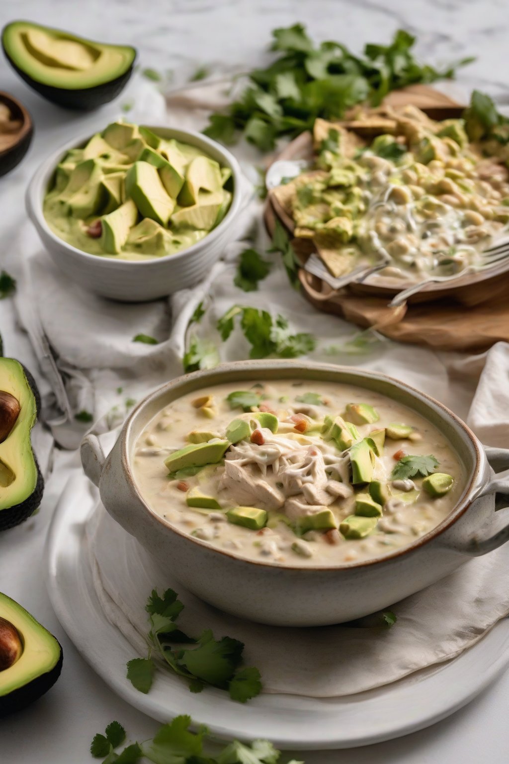 A high-resolution photo of Mexican-inspired creamy white chicken chili drizzled with avocado crema, under soft lighting.