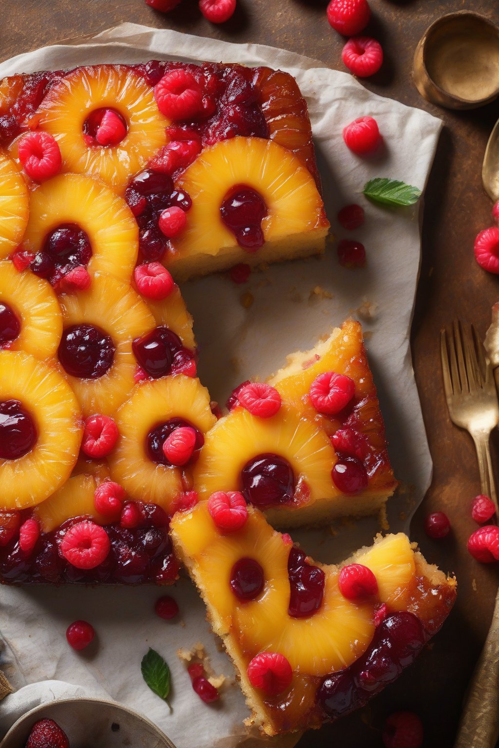 A high-resolution photo of a vegan pineapple upside-down cake with fresh fruit topping under soft lighting.