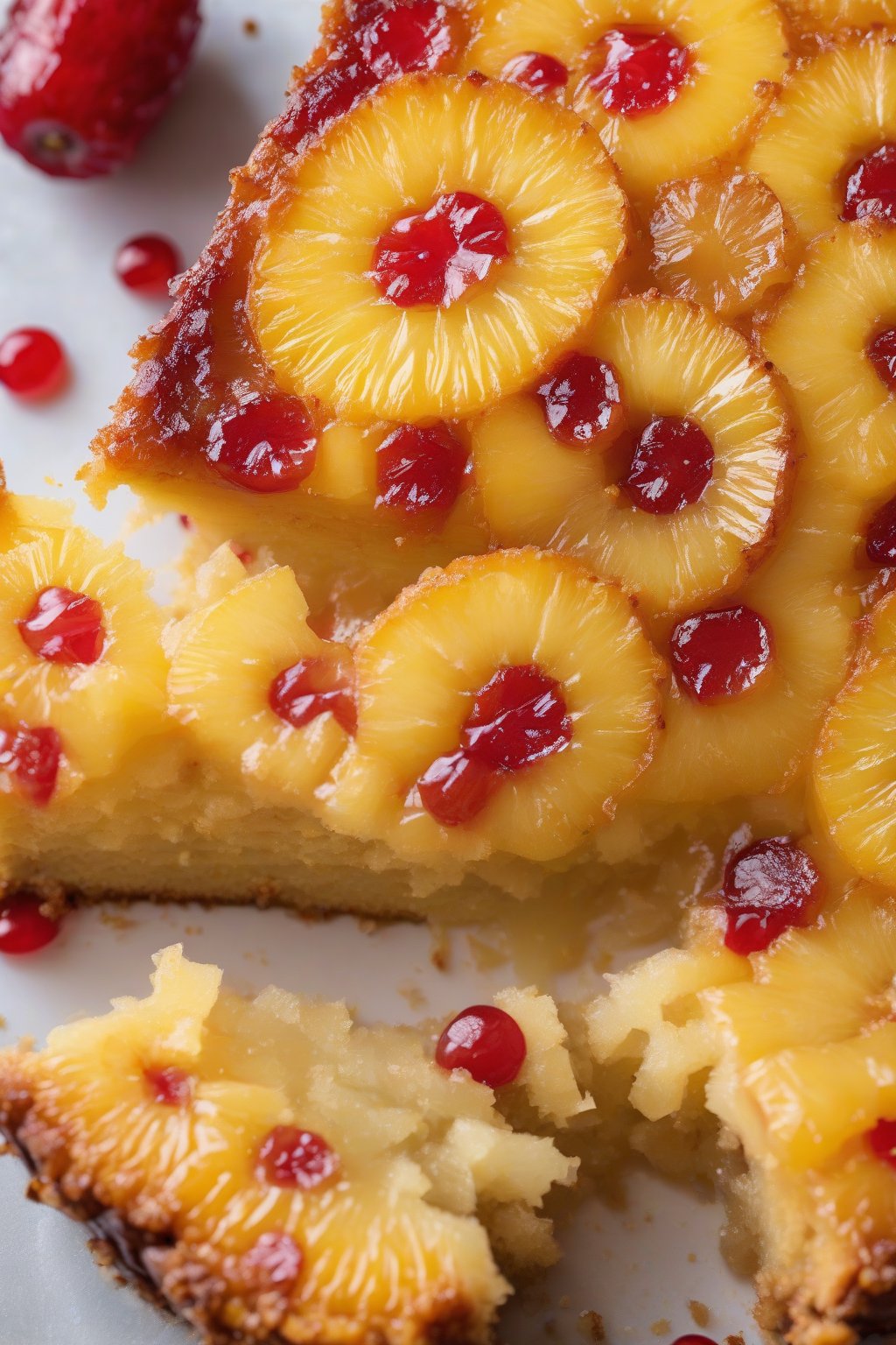 A high-resolution photo of a gluten-free pineapple upside-down cake slice revealing moist layers under soft lighting.
