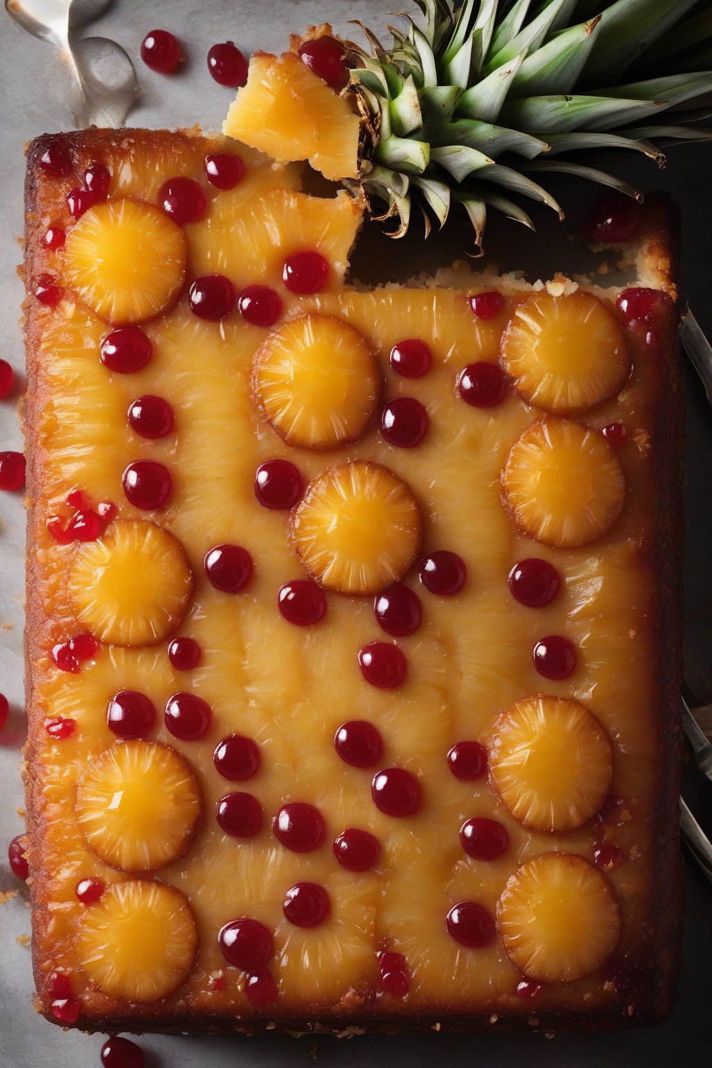 A high-resolution photo of coconut-studded pineapple upside-down cake under soft lighting.