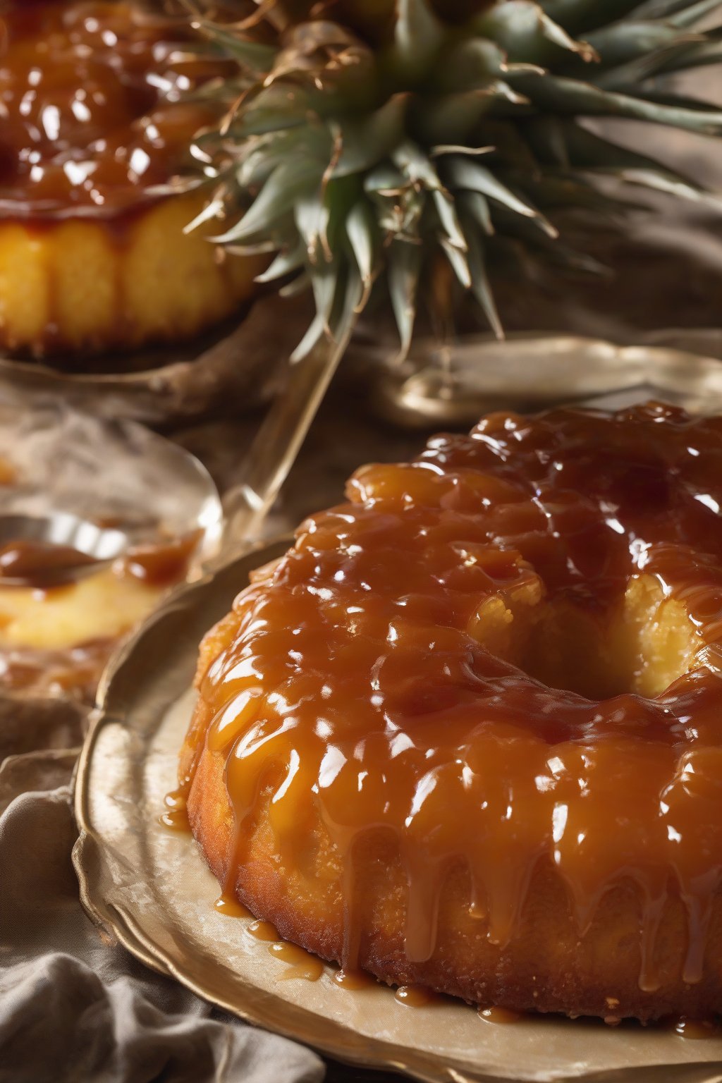 A high-resolution photo of rum-glazed pineapple upside-down cake with caramel drips under soft lighting.