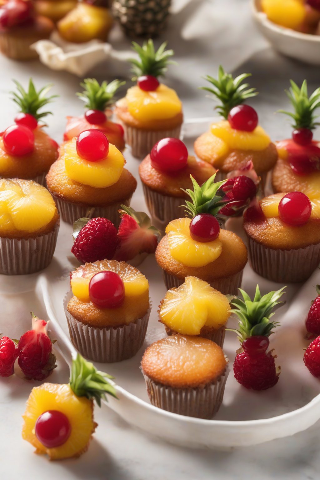 A high-resolution photo of mini pineapple upside-down cupcakes topped with fruit under soft lighting.