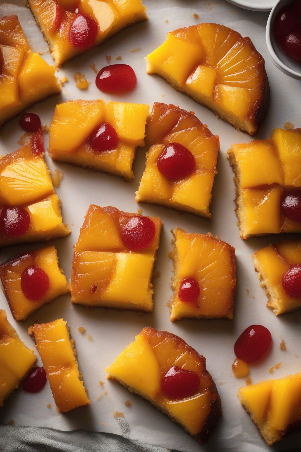 A high-resolution photo of mango-pineapple upside-down cake slices under soft lighting.