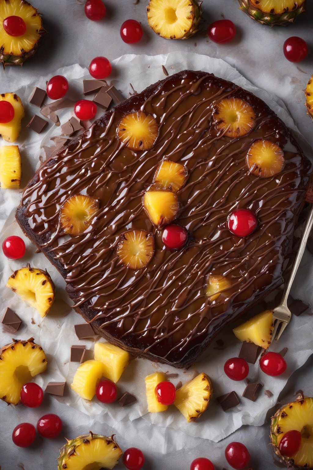 A high-resolution photo of chocolate-drizzled pineapple upside-down cake under soft lighting.
