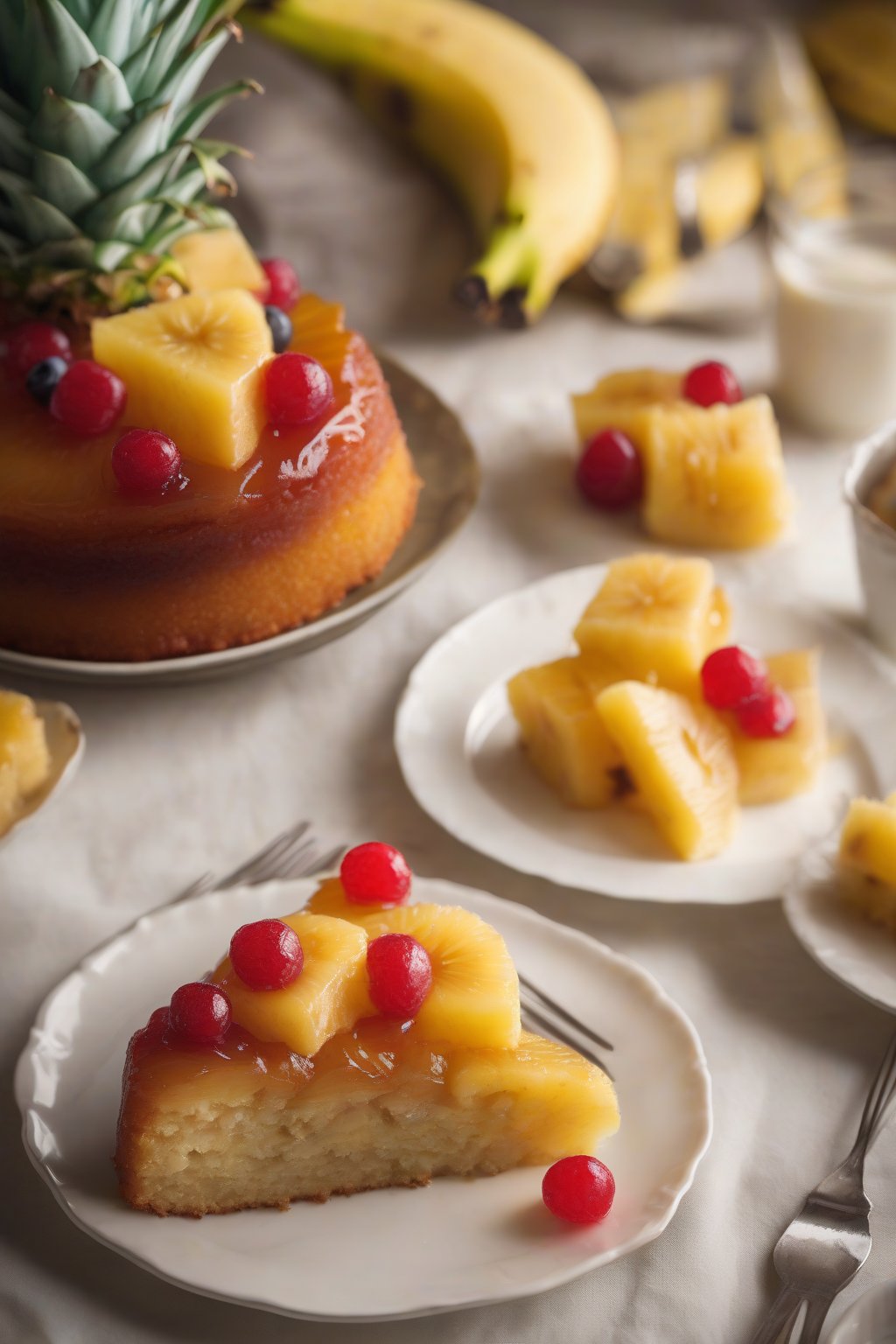 A high-resolution photo of banana-pineapple upside-down cake with layered fruit under soft lighting.