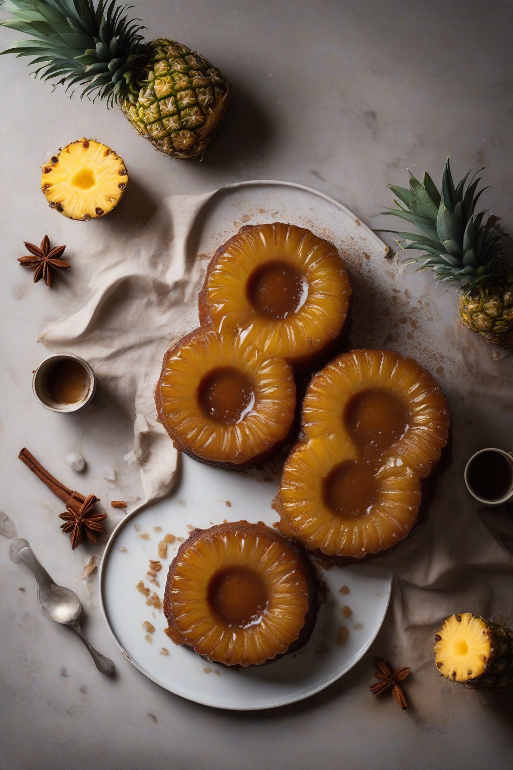 A high-resolution photo of spiced chai pineapple upside-down cake steaming slightly under soft lighting.