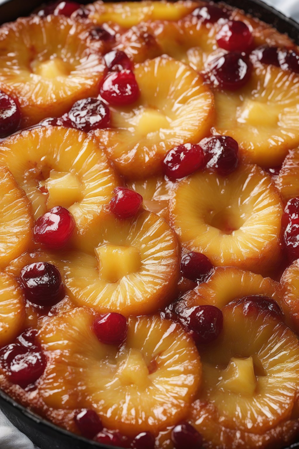 A high-resolution photo of a whole skillet pineapple upside-down cake under soft lighting.