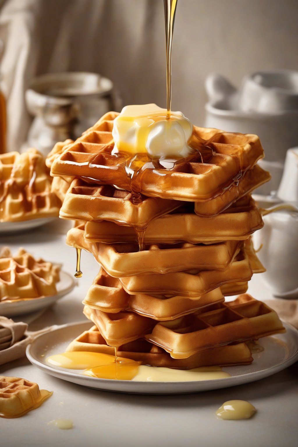 A high-resolution photo of golden, crispy buttermilk waffles stacked high with butter and syrup, steam rising, under soft lighting.