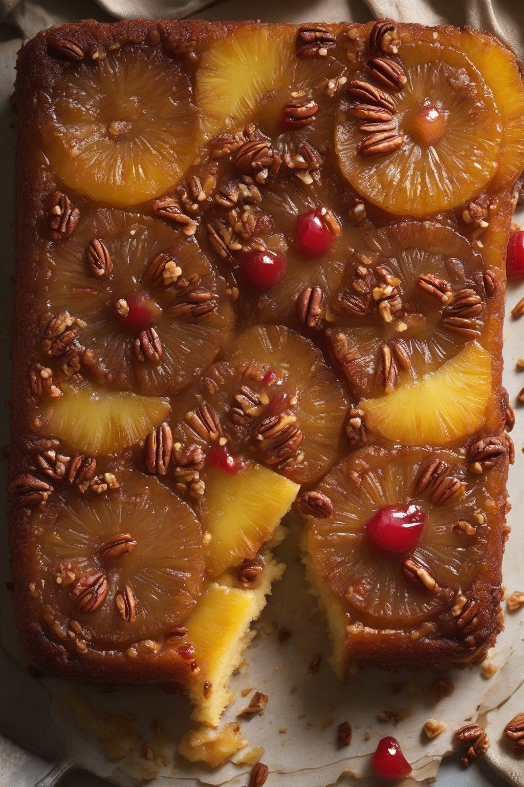 A high-resolution photo of pecan-crusted pineapple upside-down cake under soft lighting.