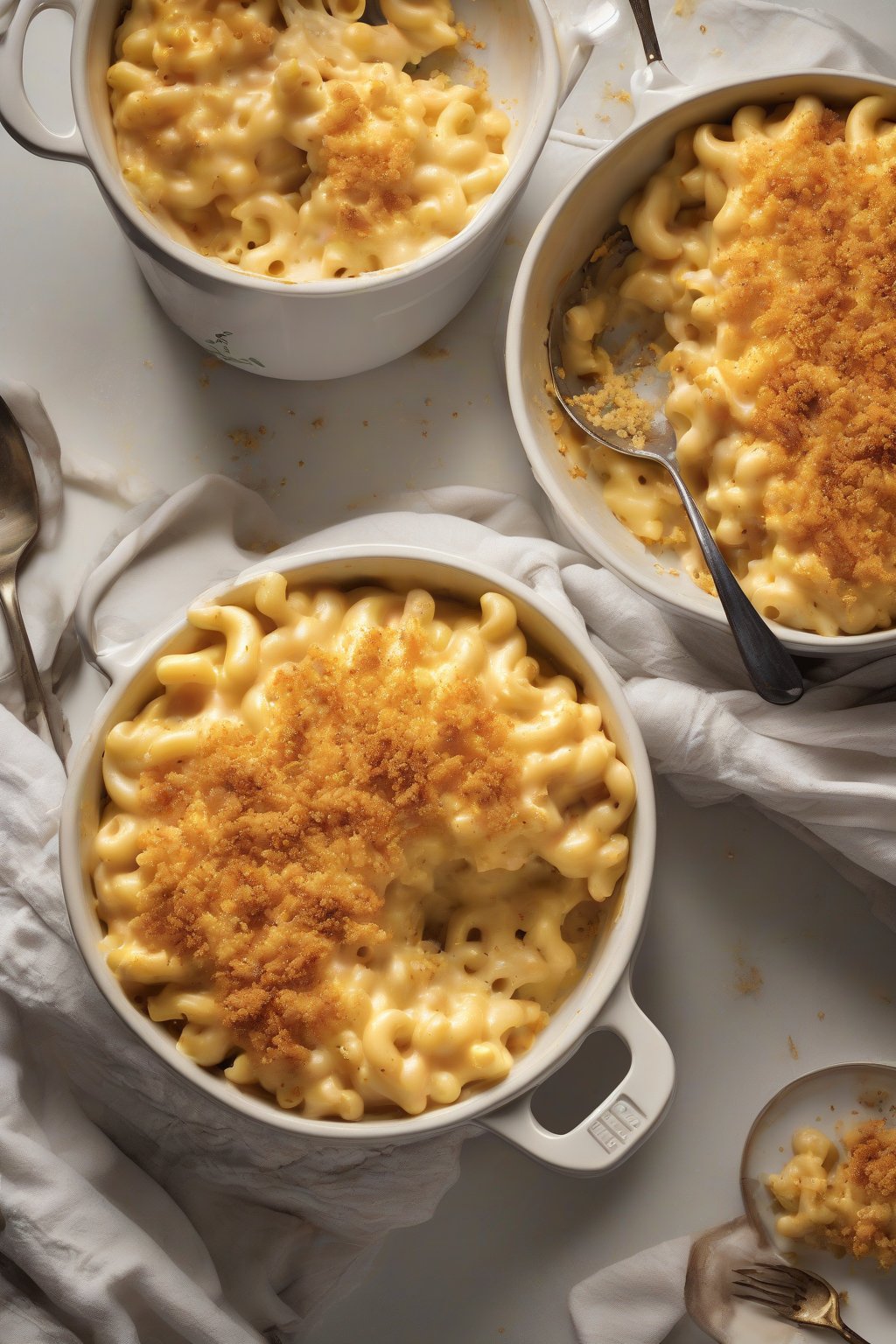 A high-resolution photo of creamy crockpot mac and cheese topped with golden breadcrumbs under soft lighting.