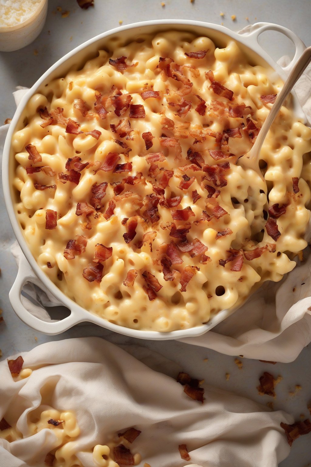 A high-resolution photo of bacon ranch mac and cheese with crispy bacon bits scattered on top under soft lighting.