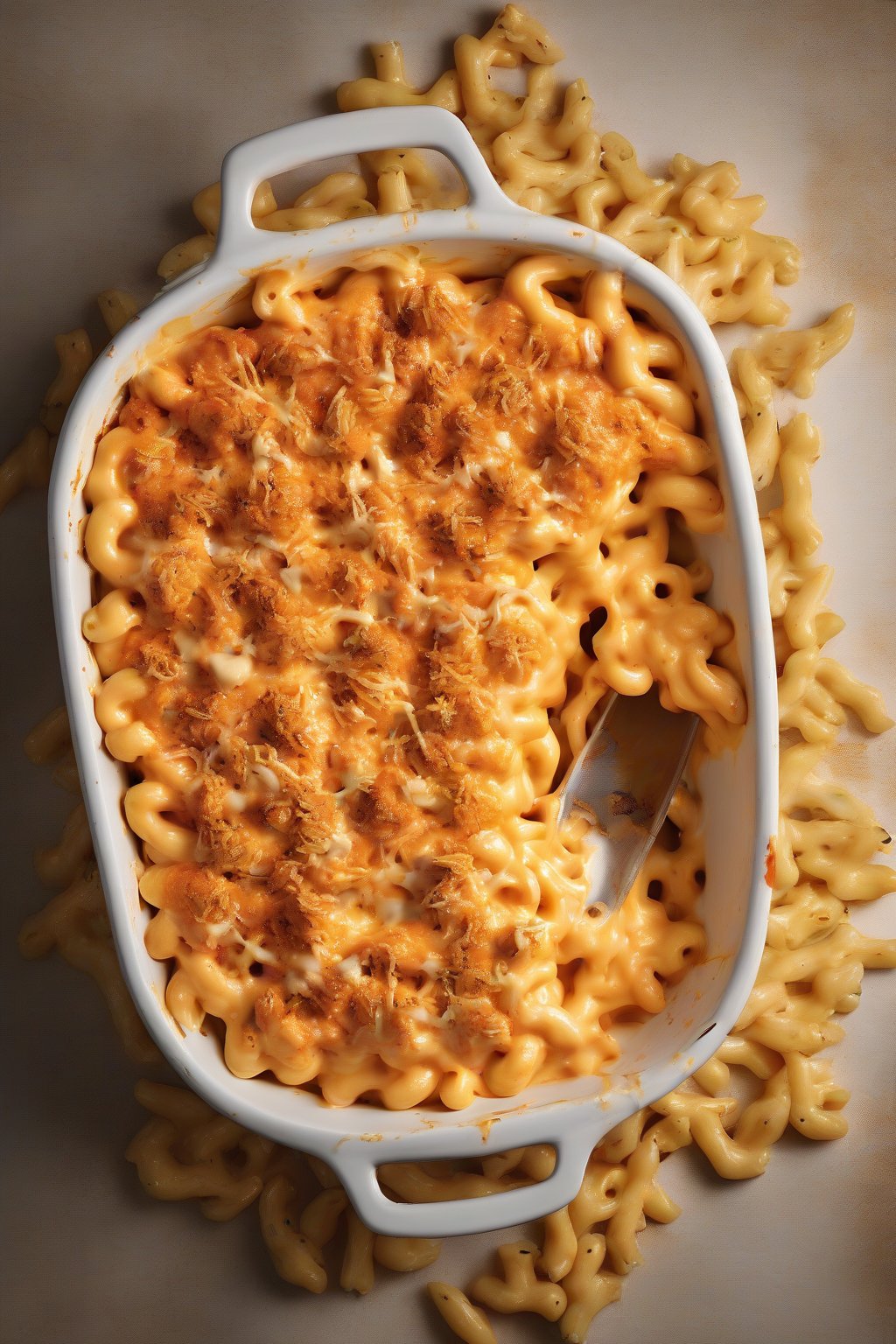 A high-resolution photo of buffalo chicken mac and cheese drizzled with extra sauce under soft lighting.