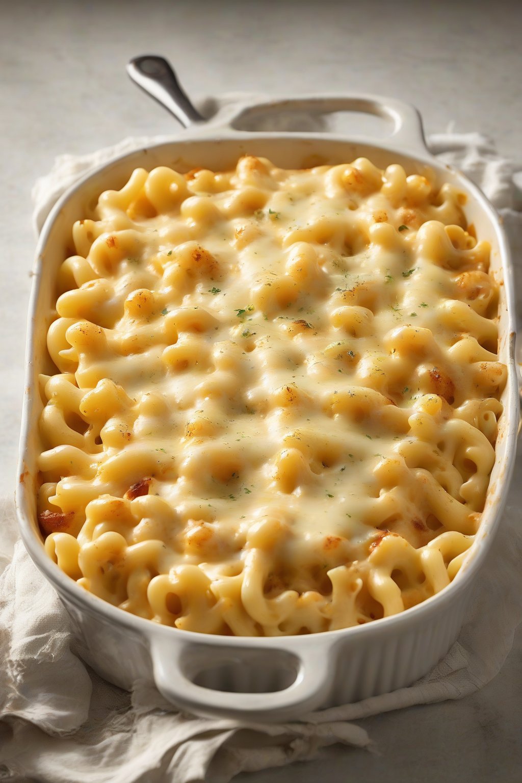 A high-resolution photo of four-cheese Italian mac and cheese with melted cheese pull under soft lighting.
