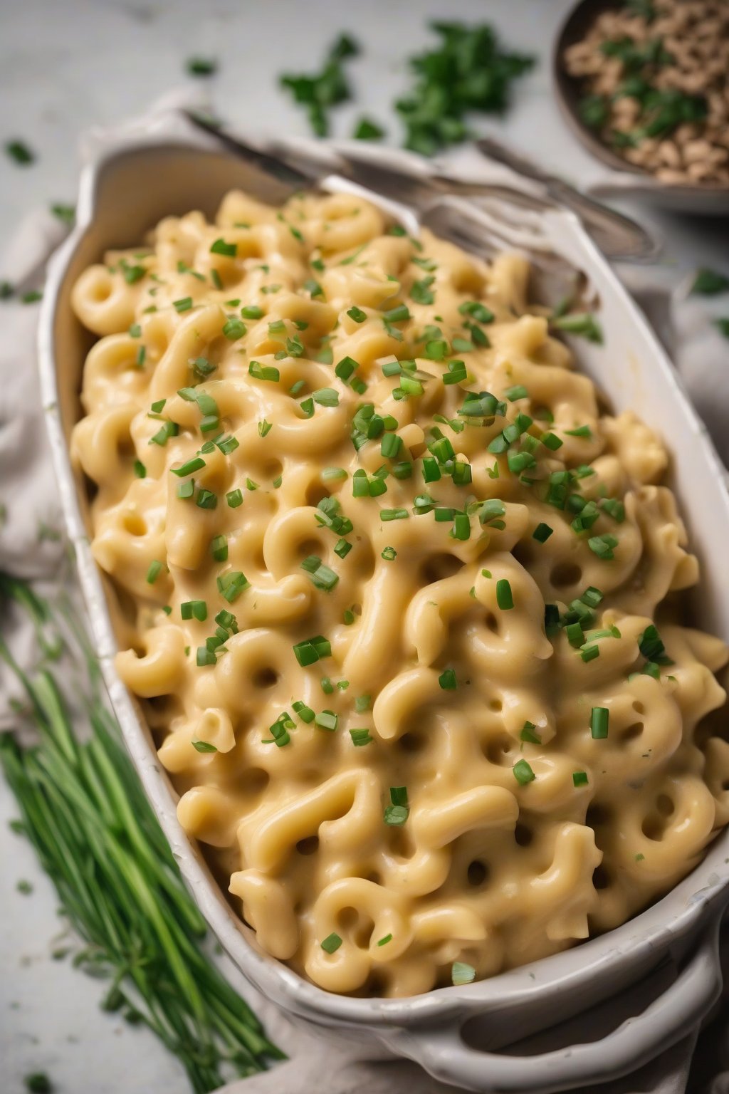 A high-resolution photo of vegan cashew mac and cheese garnished with chives under soft lighting.