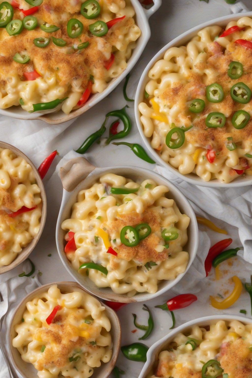 A high-resolution photo of jalapeño popper mac and cheese with sliced peppers on top under soft lighting.