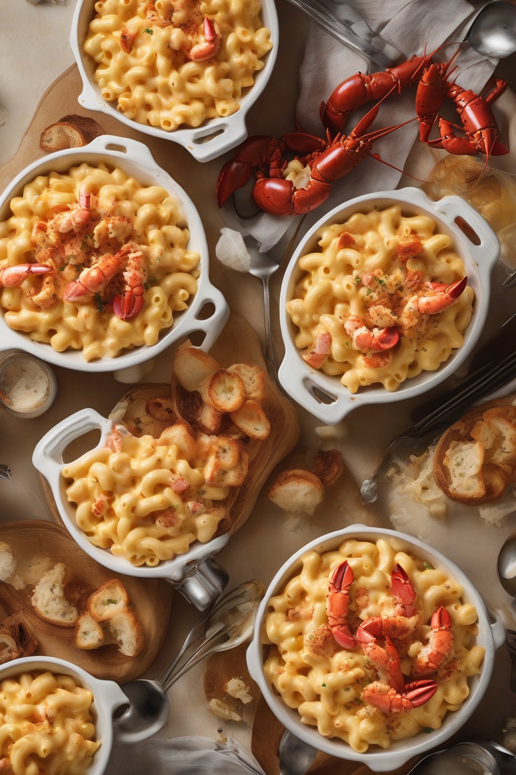 A high-resolution photo of lobster mac and cheese with chunks of lobster visible under soft lighting.