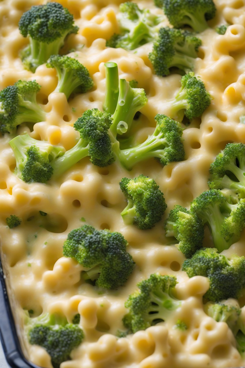 A high-resolution photo of broccoli cheddar mac and cheese with bright green florets under soft lighting.