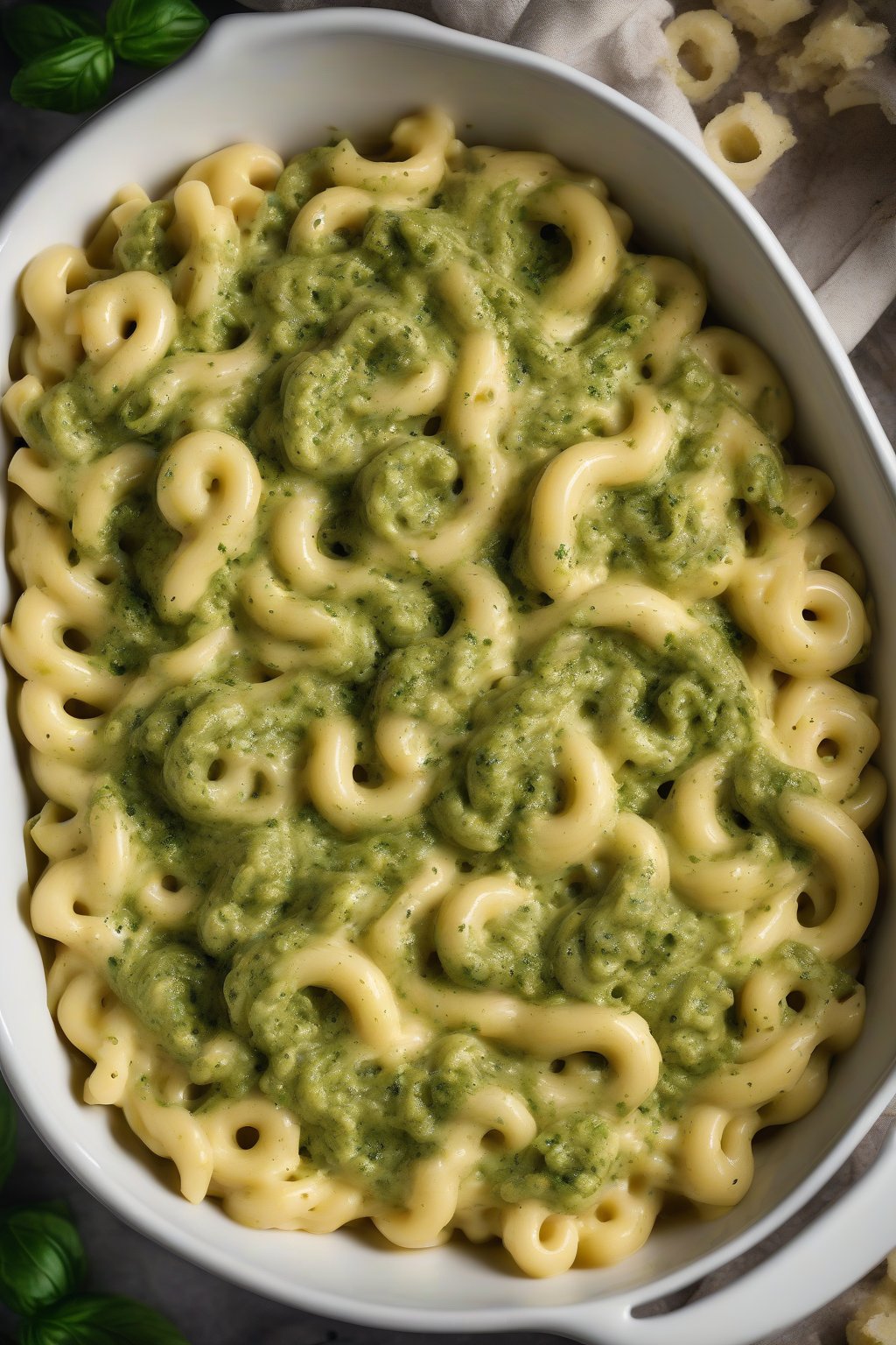 A high-resolution photo of pesto mac and cheese swirled with green pesto under soft lighting.