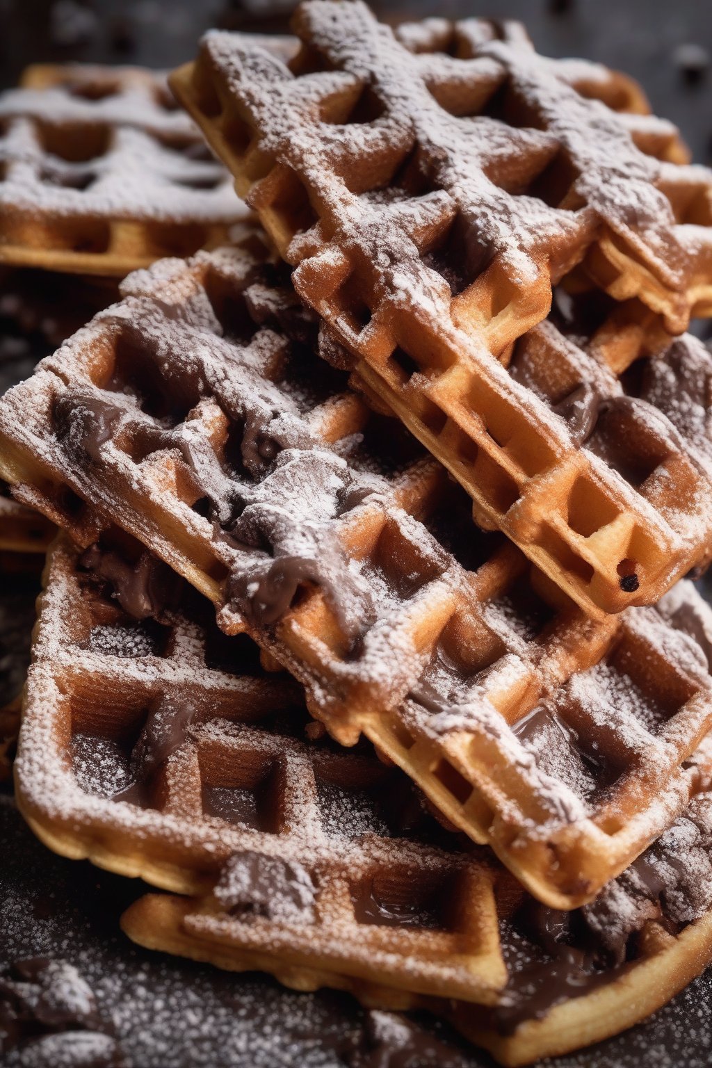 A high-resolution photo of chocolate chip crispy waffles oozing melted chocolate, dusted with powdered sugar, under soft lighting.