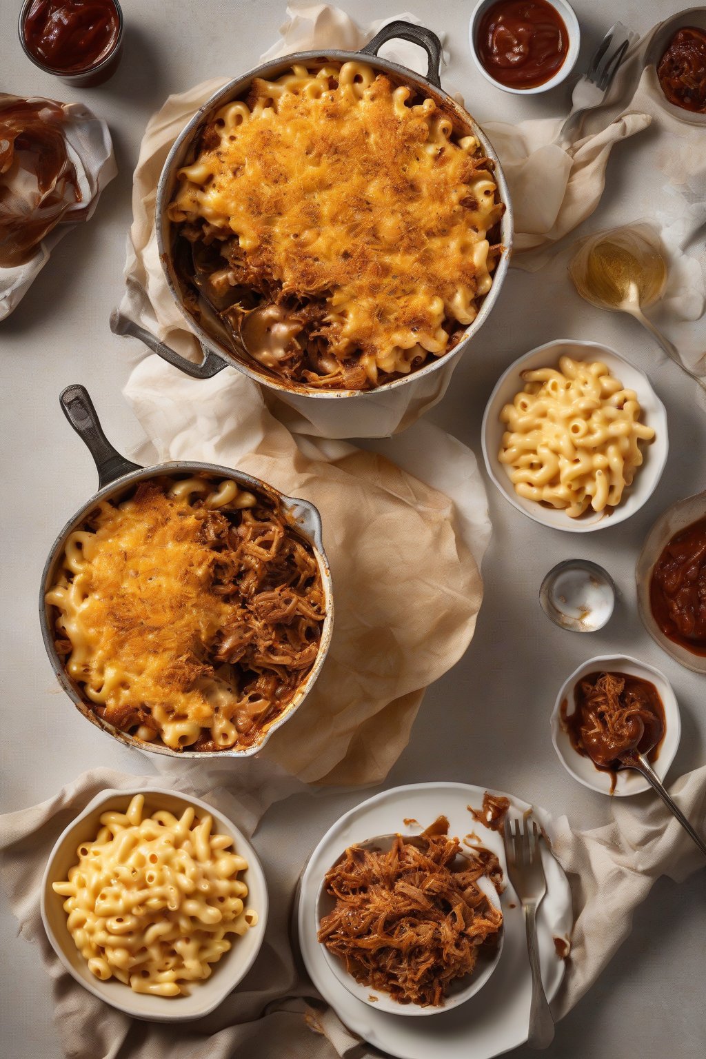 A high-resolution photo of BBQ pulled pork mac and cheese with saucy pork shreds under soft lighting.