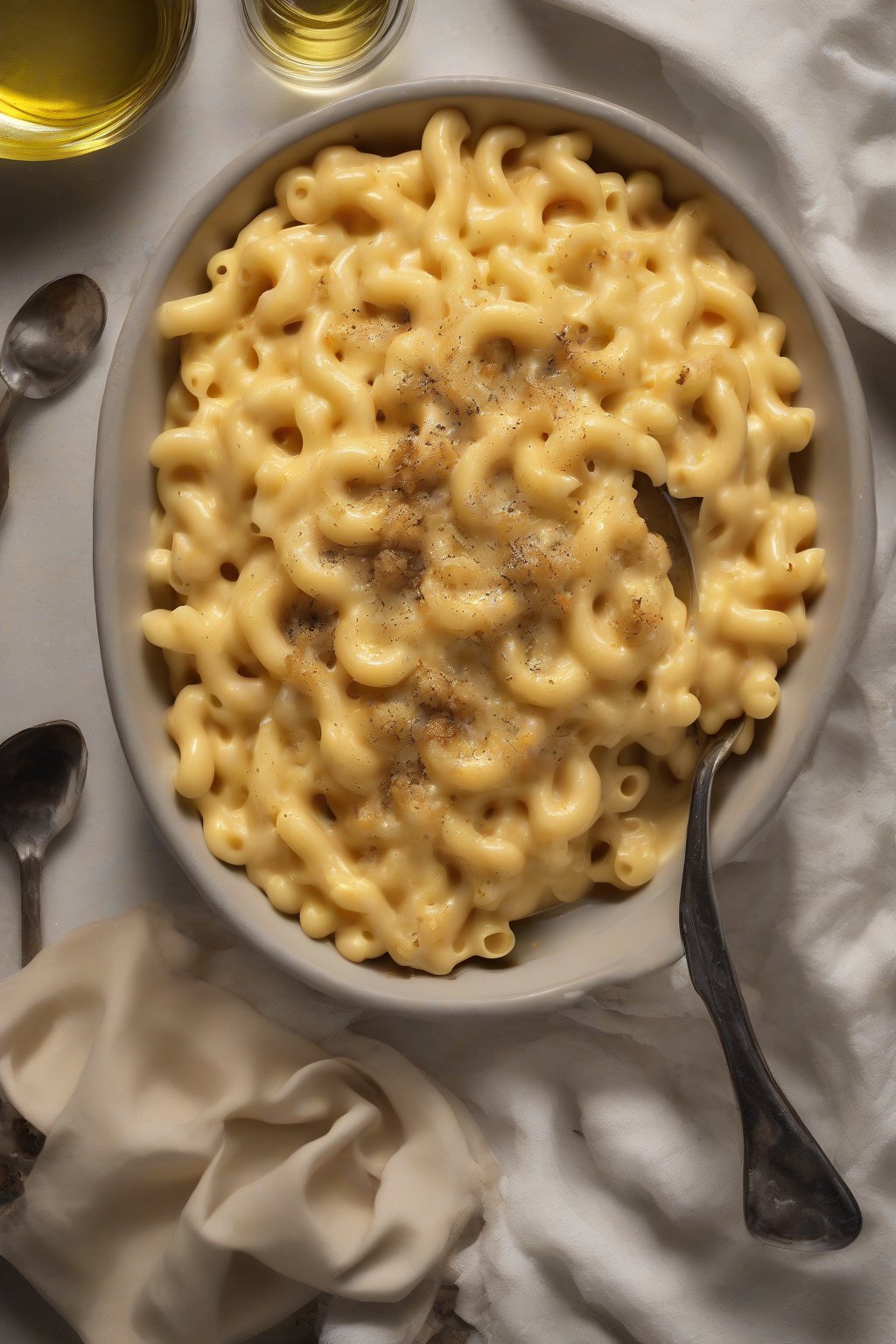 A high-resolution photo of truffle mac and cheese glistening with oil under soft lighting.